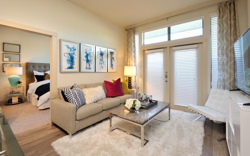 a living room with a couch and a coffee table